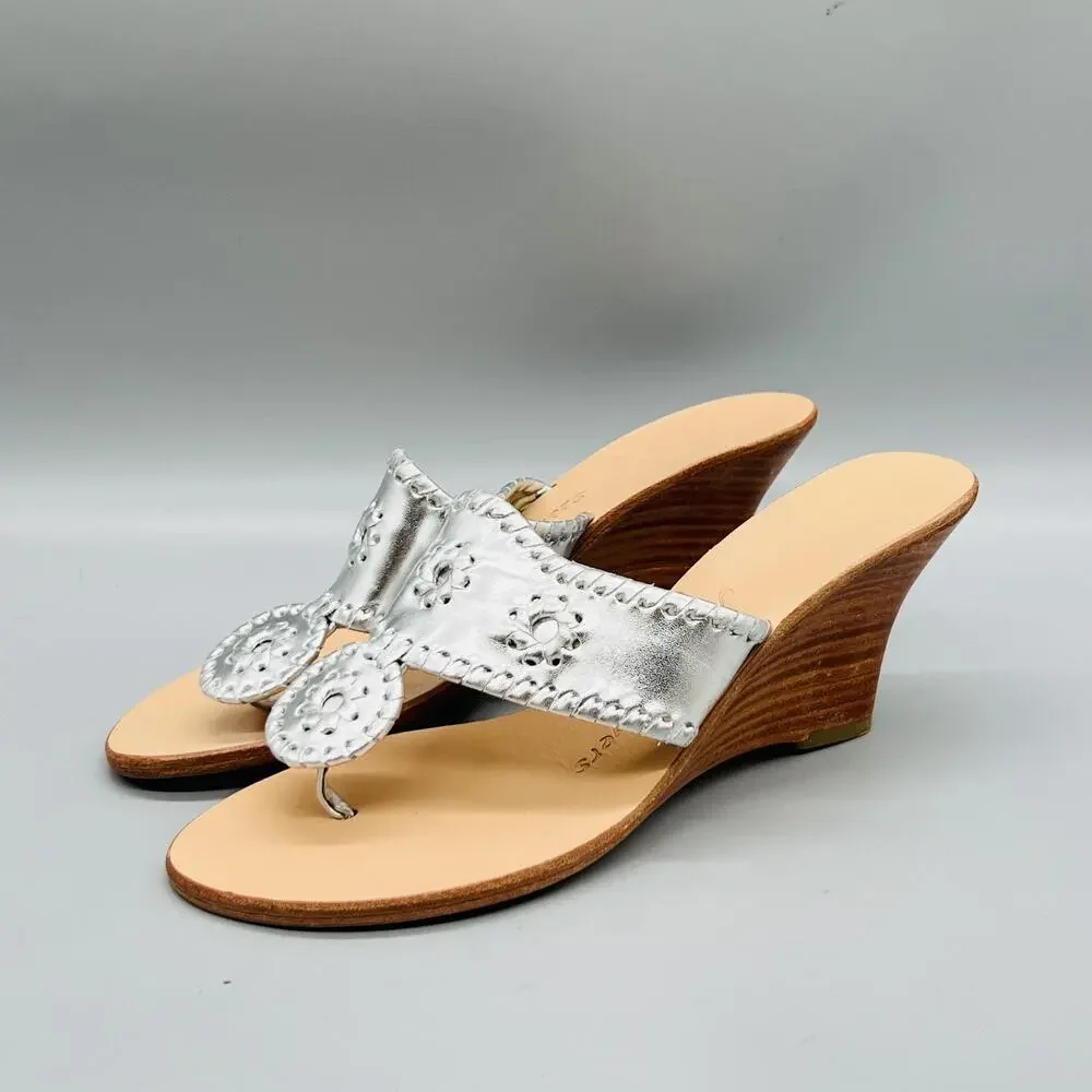 Jack Rogers Sandals Womens 7 Silver Leather Thong Medallion Wedge Heel Shoes